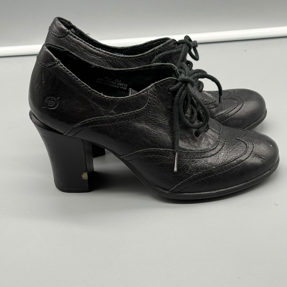 Born Black Leather Oxford Wingtip Heels Womens Size 7.5 38.5 Lace Up Block Heel
